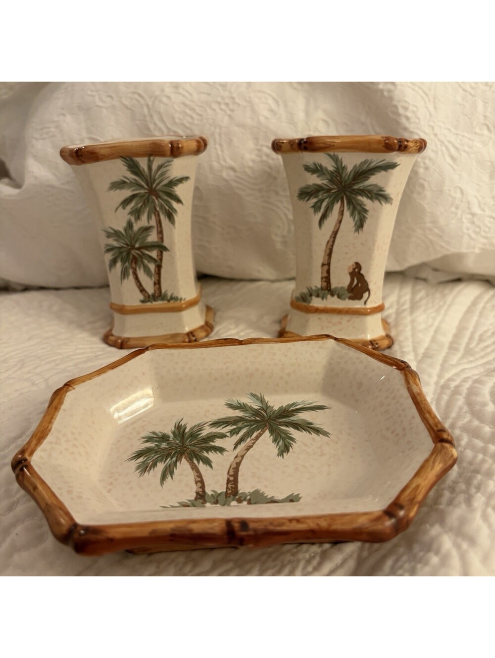 Vintage Springmaid Palm Breeze 3 Pc Bath Set Palm Tree Monkey Bamboo